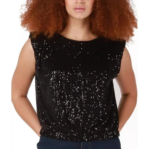 BLACK TAPE Sequin Padded-Shoulder Cap-Sleeve Top Large - Picture 1 of 9